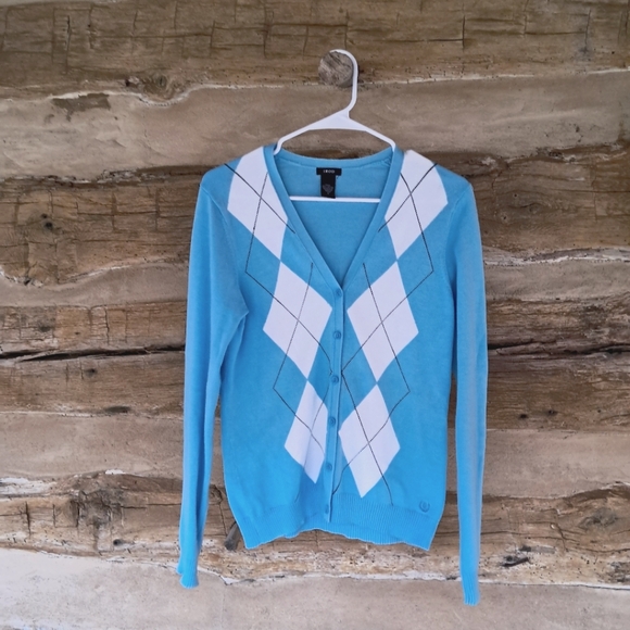 Izod Sweaters - 3/$15 Izod Light Blue & Brown Argyle V Neck Cotton Cardigan Size Small